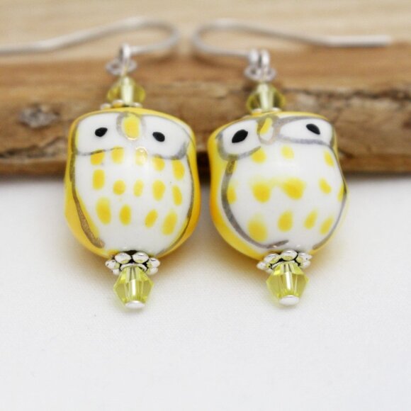 Yellow Hand Painted Porcelain Owl Earrings - Handmade & Hypoallergenic - Picture 5 of 7